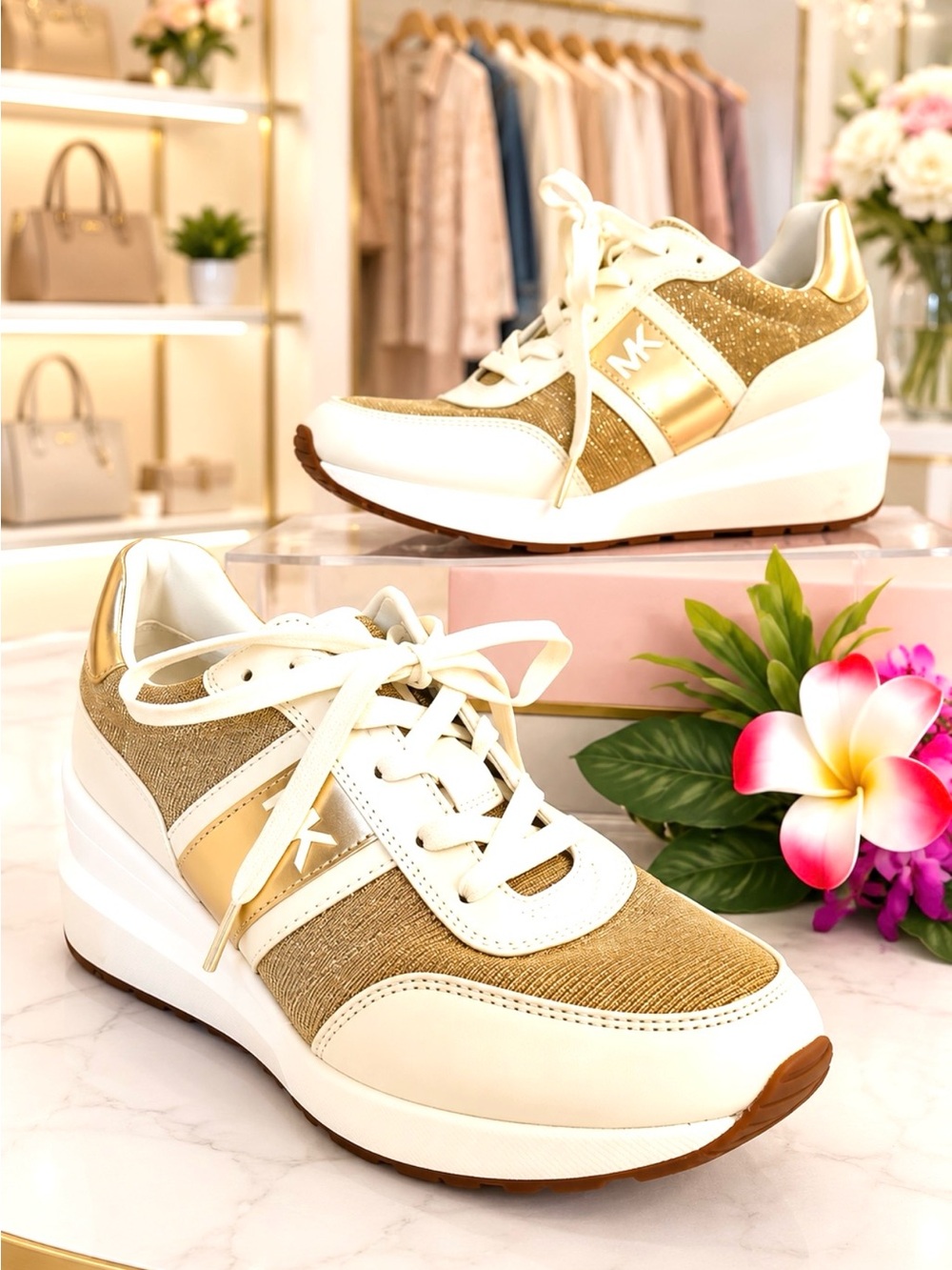 MICHAEL KORS Gold and Cream Cruelty Free Women's Platform Sneakers size 8
